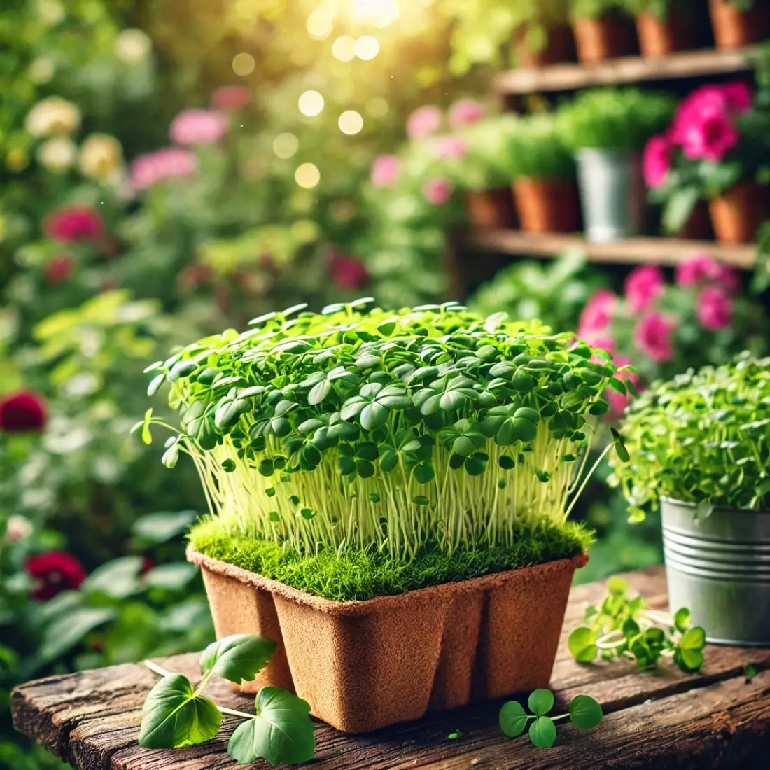 Container of vibrant microgreens in an outdoor organic garden, surrounded by various plants and flowers, highlighting a natural, eco-friendly environment.