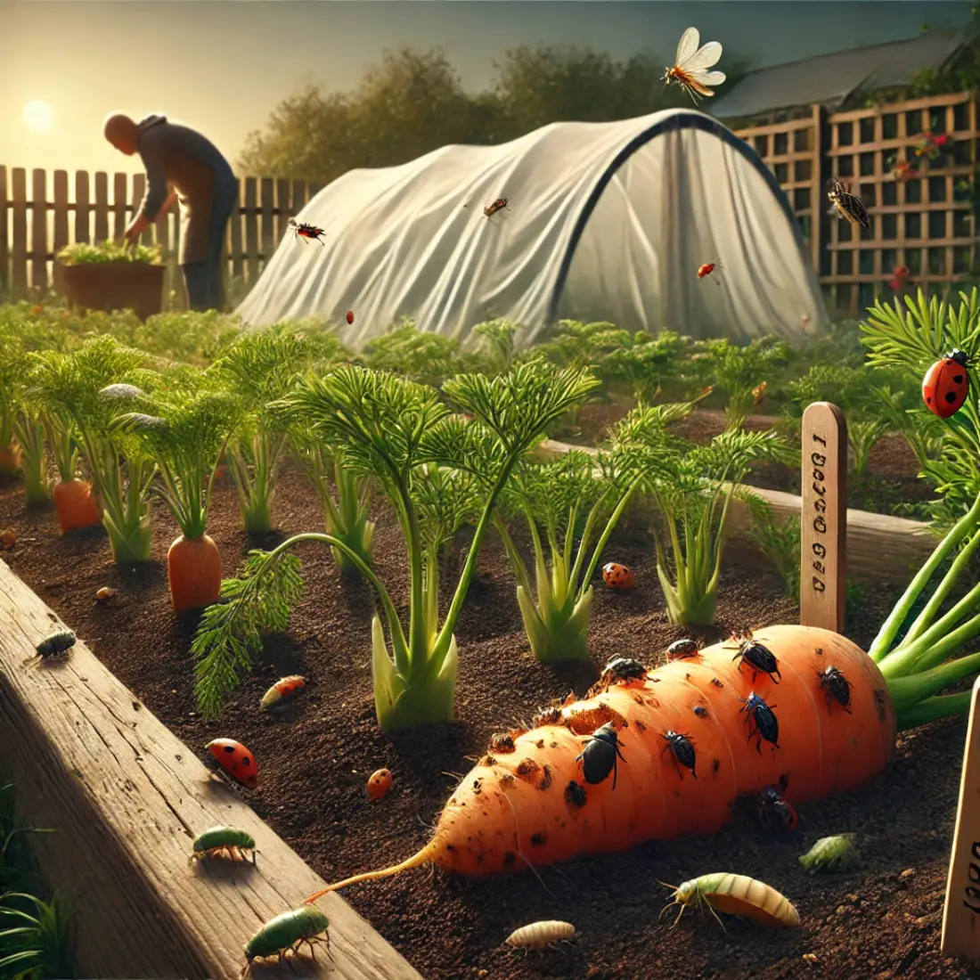 Carrot garden with row covers, ladybugs for aphid control, and cardboard collars around seedlings to combat cutworms.