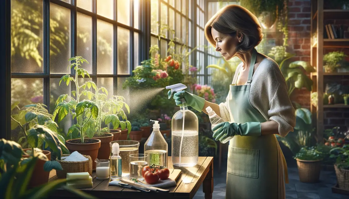 Middle-aged woman in pale green apron sprays natural insecticide on lush tomato plants in a sunlit indoor garden, highlighting precision and sustainability.