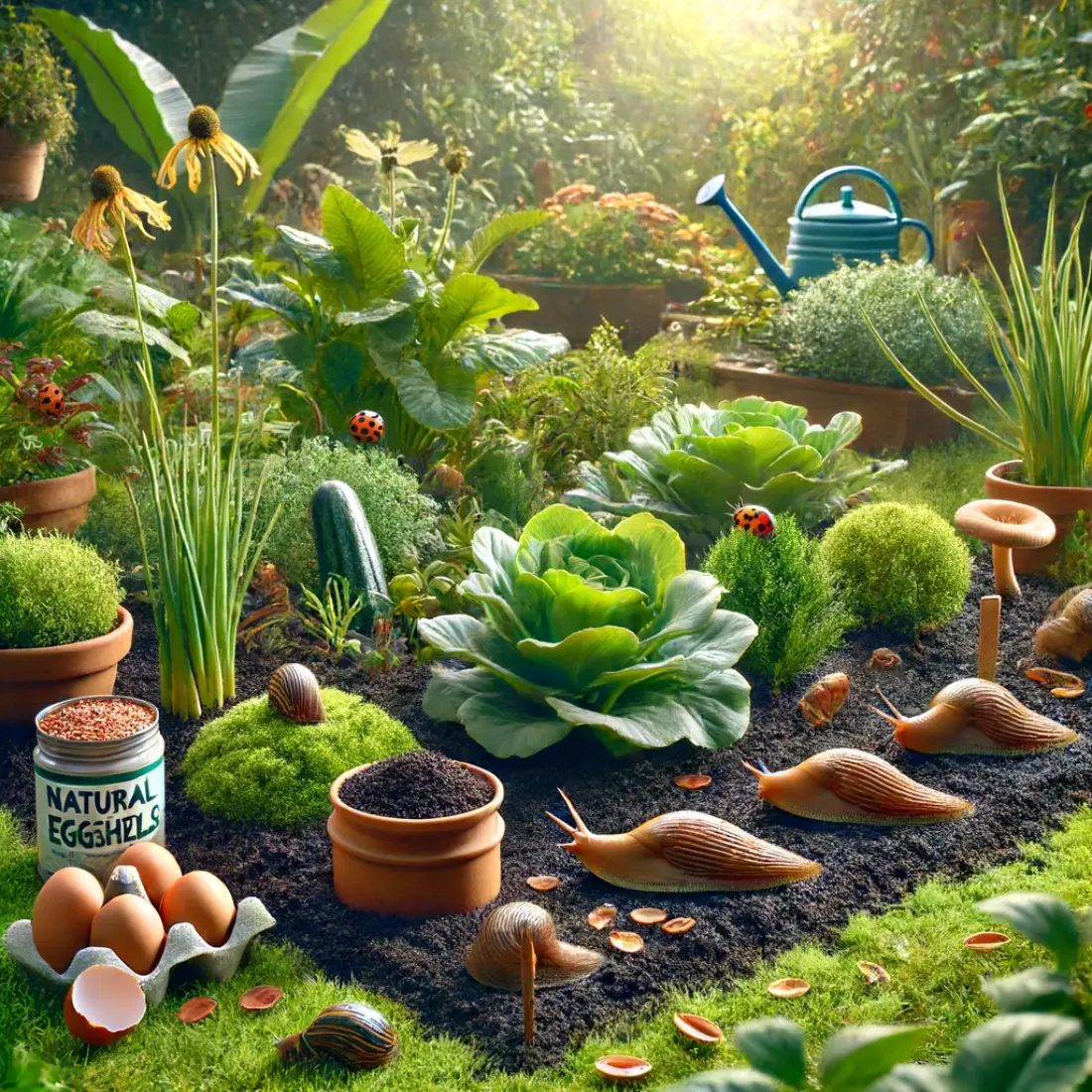 Organic garden using natural slug deterrents like eggshells and coffee grounds, with healthy plants, vegetables, and beneficial insects.