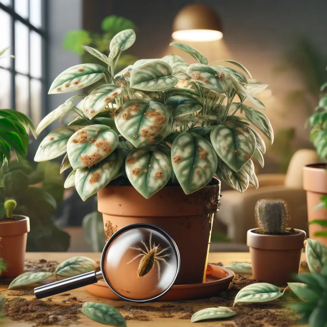 Potted plant with discolored leaves showing yellow spots and brown edges, fine webbing, and a magnifying glass revealing tiny spider mites, set in a cozy indoor garden.