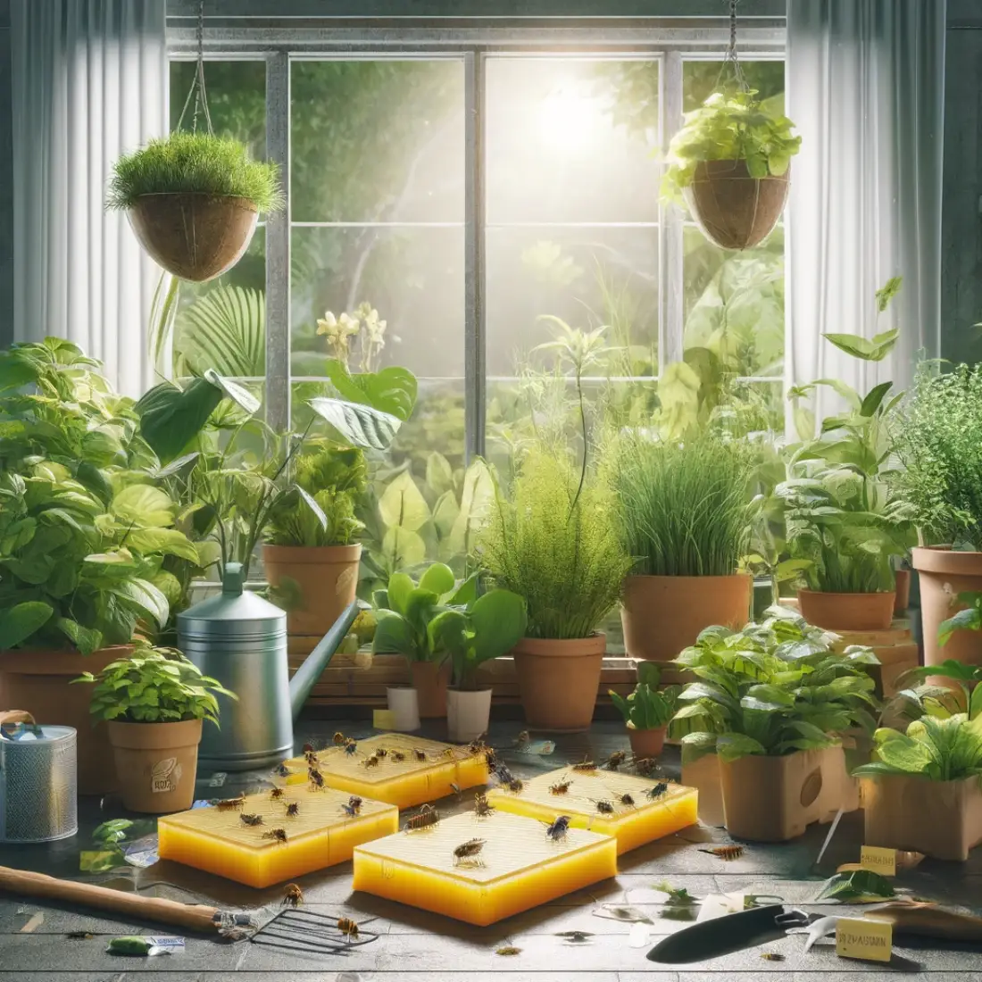 Indoor garden with various plants, including herbs and leafy greens, using yellow rectangular organic sticky traps to capture insects like aphids and whiteflies.