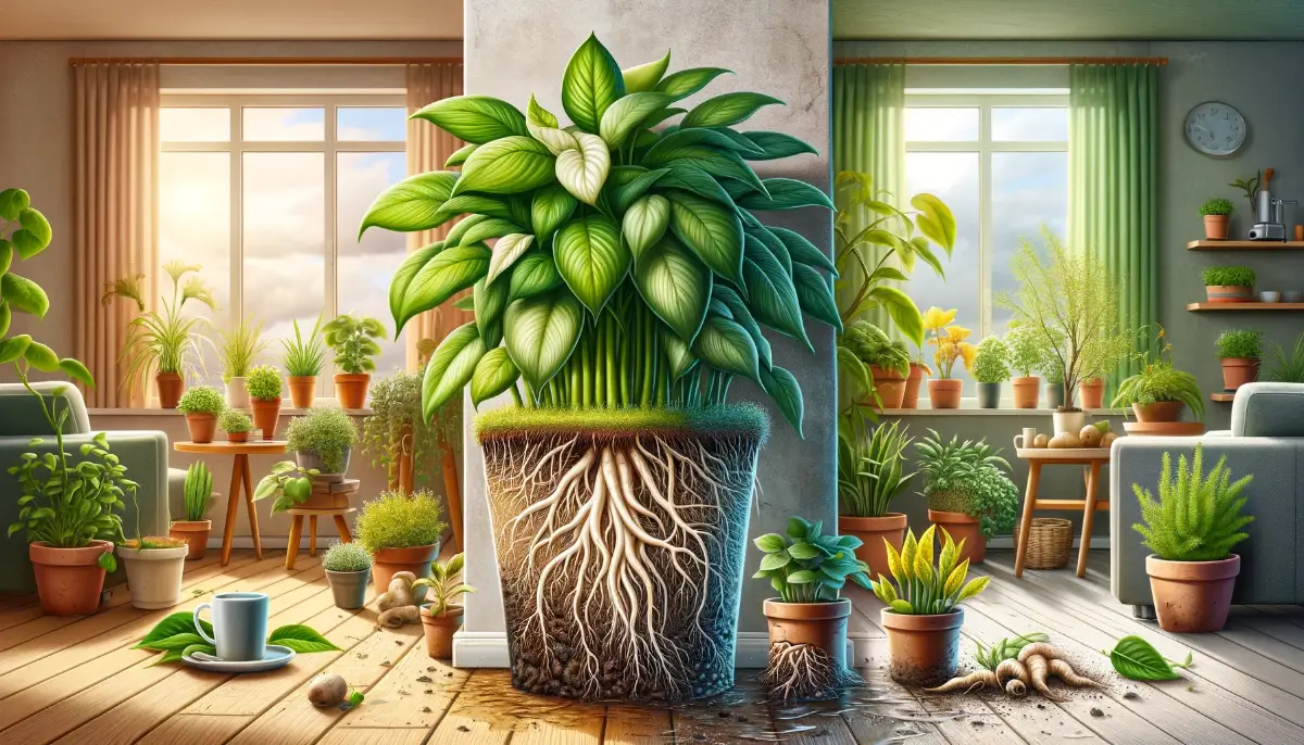 An indoor garden scene split between lush, healthy plants with white roots on the left and plants with root rot, showcasing yellow leaves and brown roots, on the right.