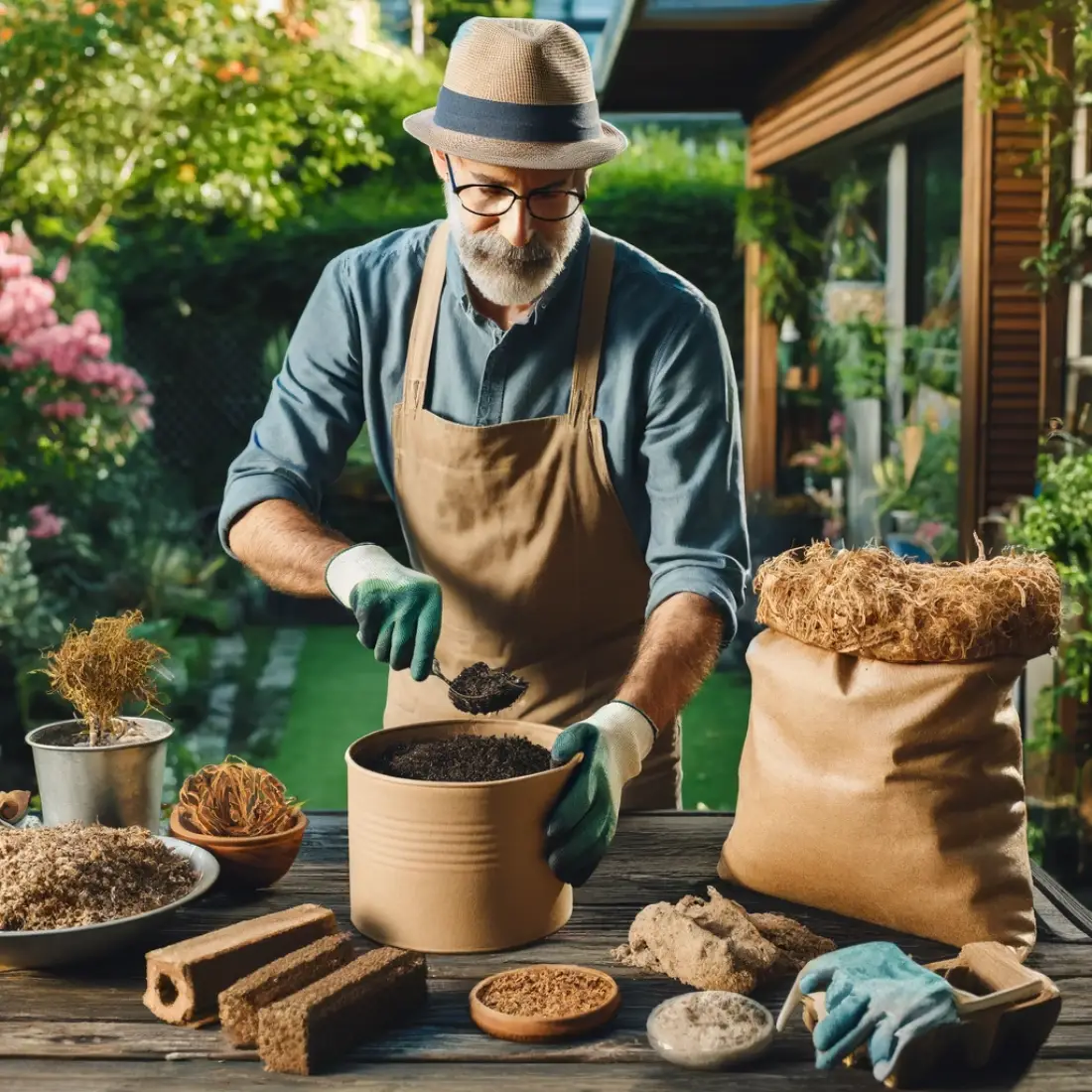 Gardener rejuvenating old potting mix with compost, coconut coir, perlite, and worm castings on a wooden table in a lush garden.