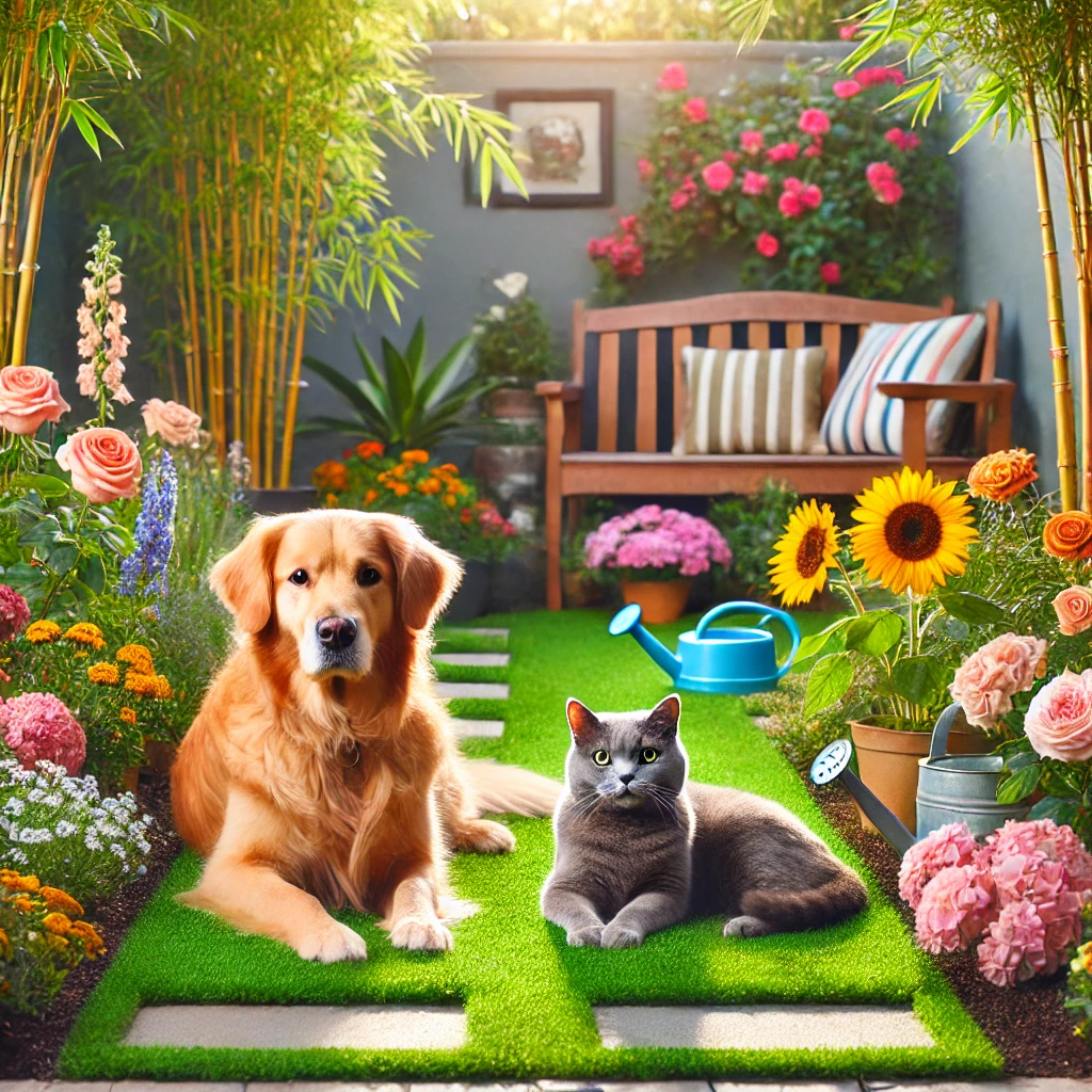 An outdoor pet-friendly garden featuring colorful flowers like roses, marigolds, sunflowers, and snapdragons, surrounded by lush greenery including bamboo palms and hibiscus bushes. A golden retriever lounges peacefully on the grass beside a calm gray cat. A small pet-safe water fountain adds charm to the sunny and tranquil garden setting.