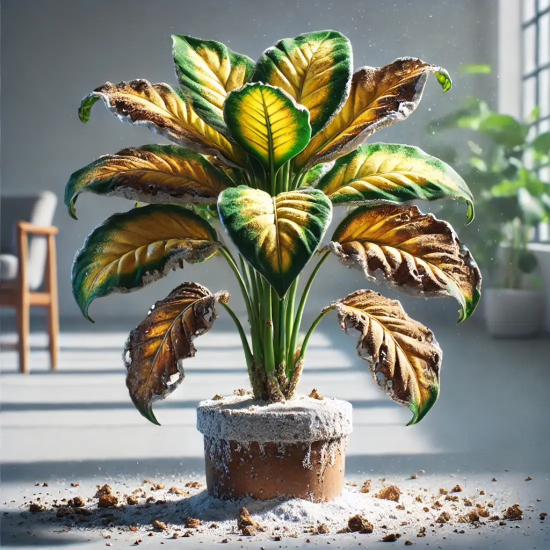 A houseplant in a living room showing over-fertilization symptoms: yellowing leaves, burnt edges, wilting, and white crust on soil.