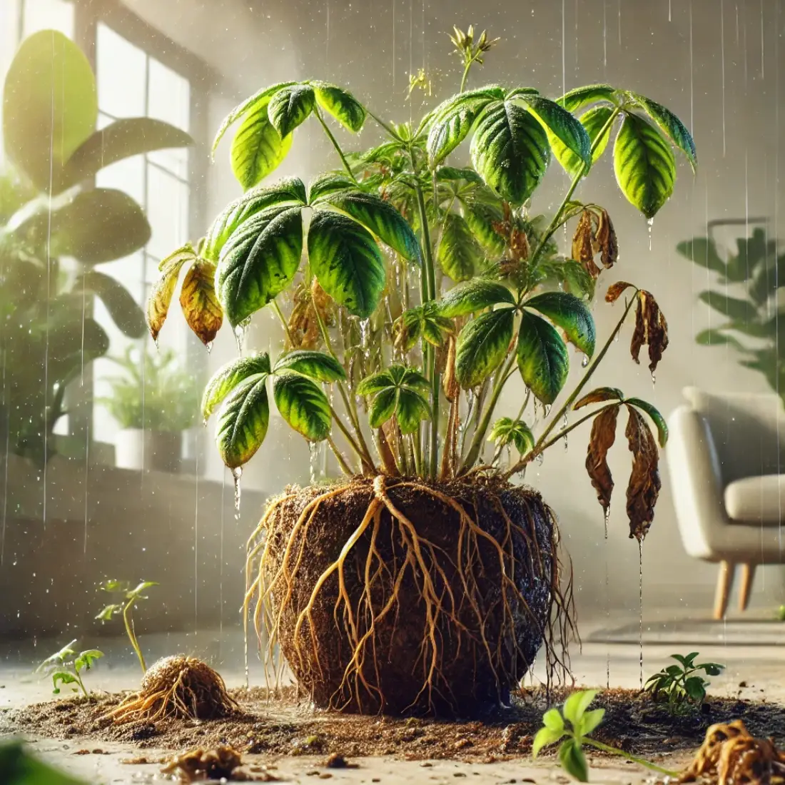 A potted plant with drooping, yellow leaves and soggy soil, exhibiting root rot and nutrient deficiency symptoms, surrounded by healthy plants in an indoor setting.