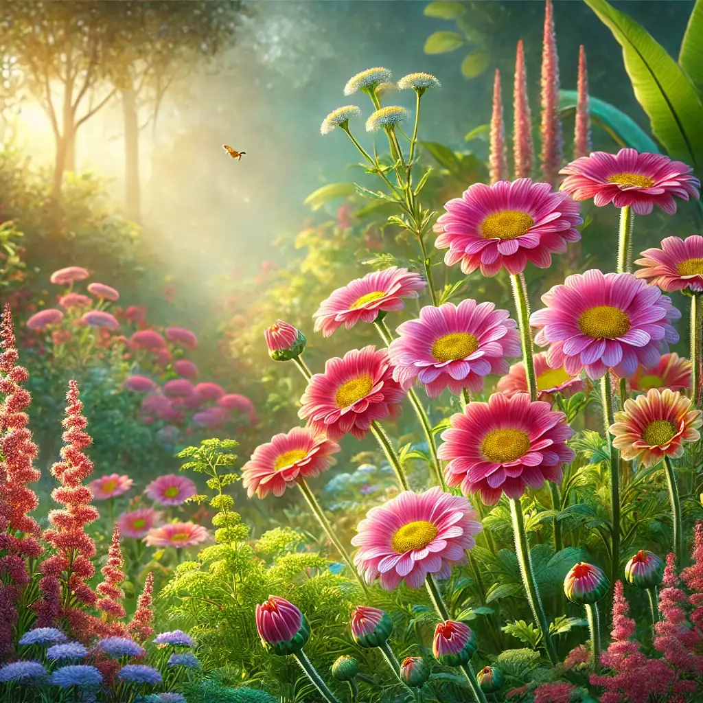 Painted daisies in full bloom with pink petals and yellow centers in a lush green garden, sunlight filtering through, surrounded by plants and bees.