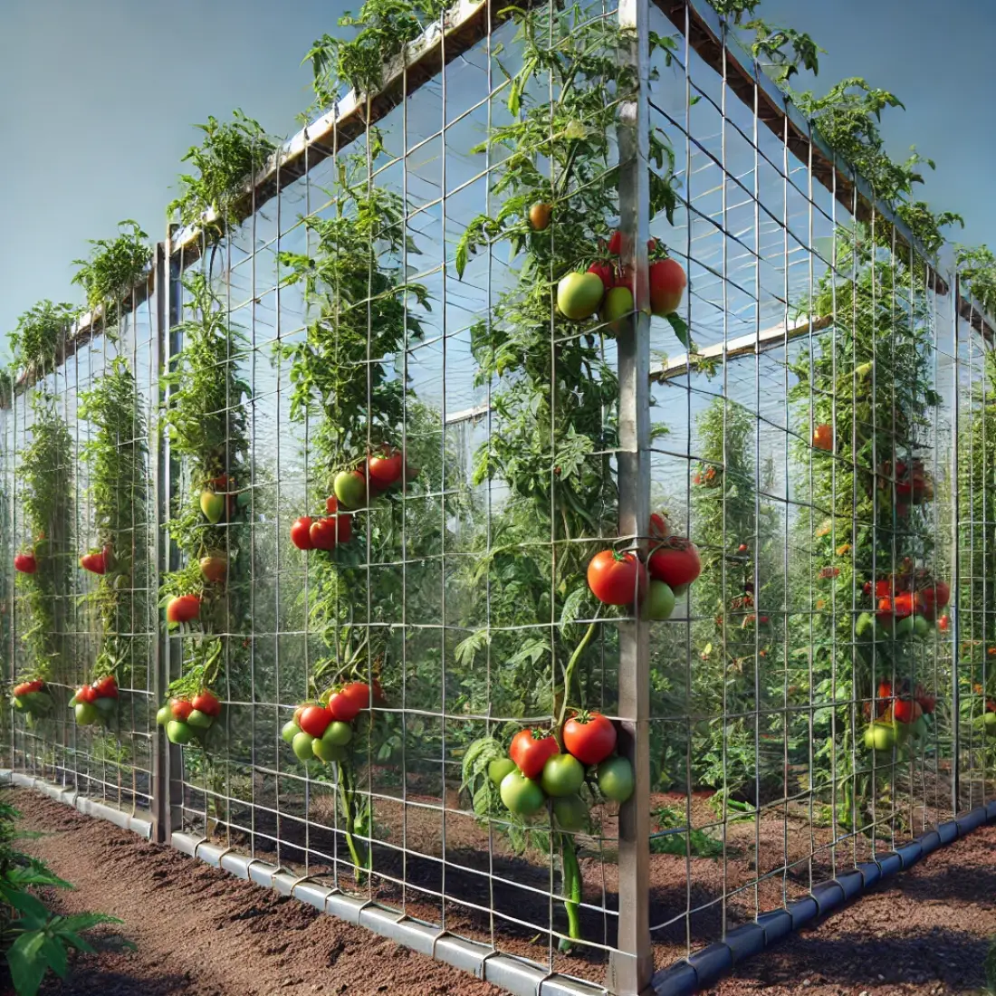 Welded wire panel trellis in a V-shape supporting healthy tomato plants with green leaves and a few ripe tomatoes in a well-maintained garden under a sunny sky.