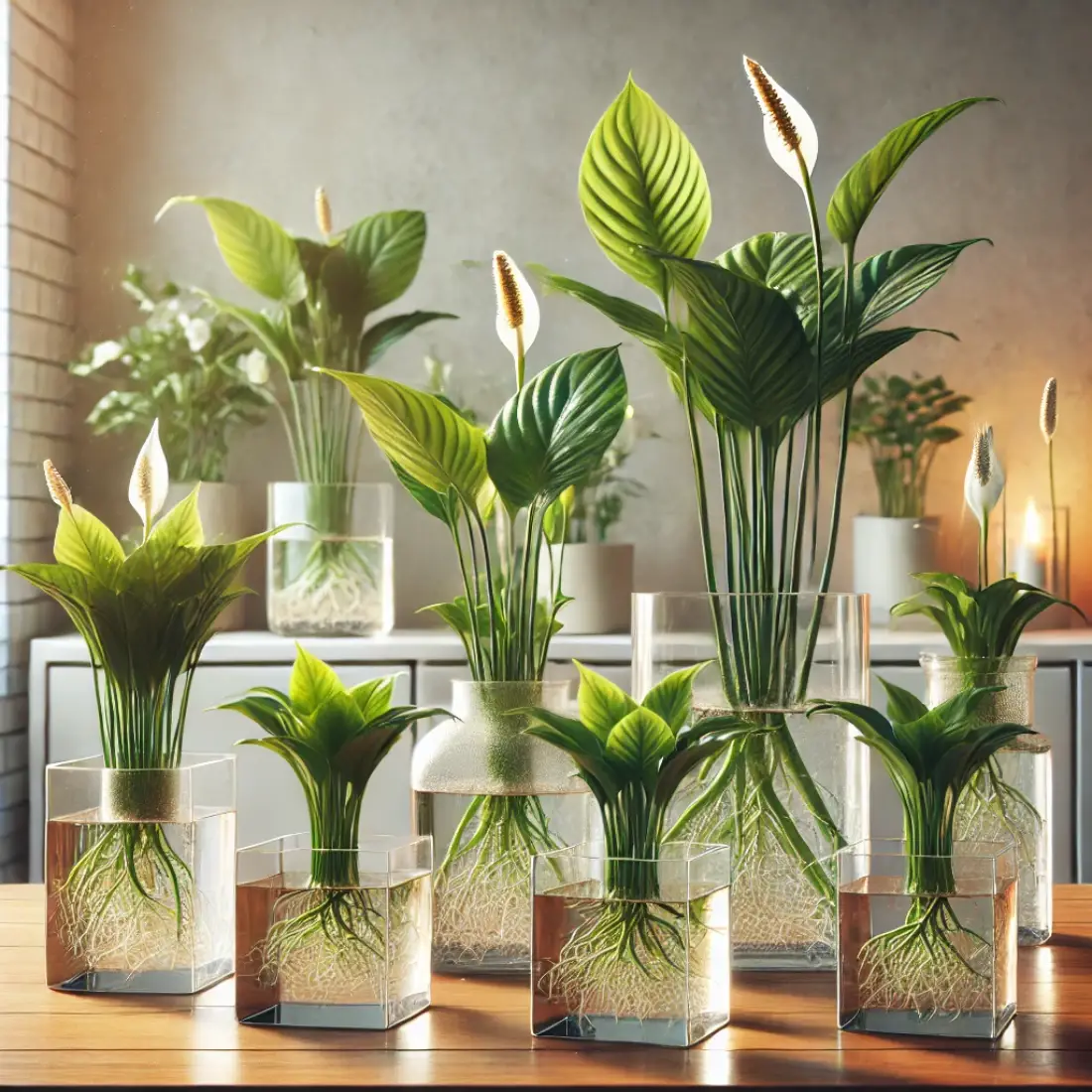 Modern indoor setting featuring water-grown peace lilies in clear glass containers on a wooden shelf, thriving in indirect sunlight with warm temperatures and moderate humidity.