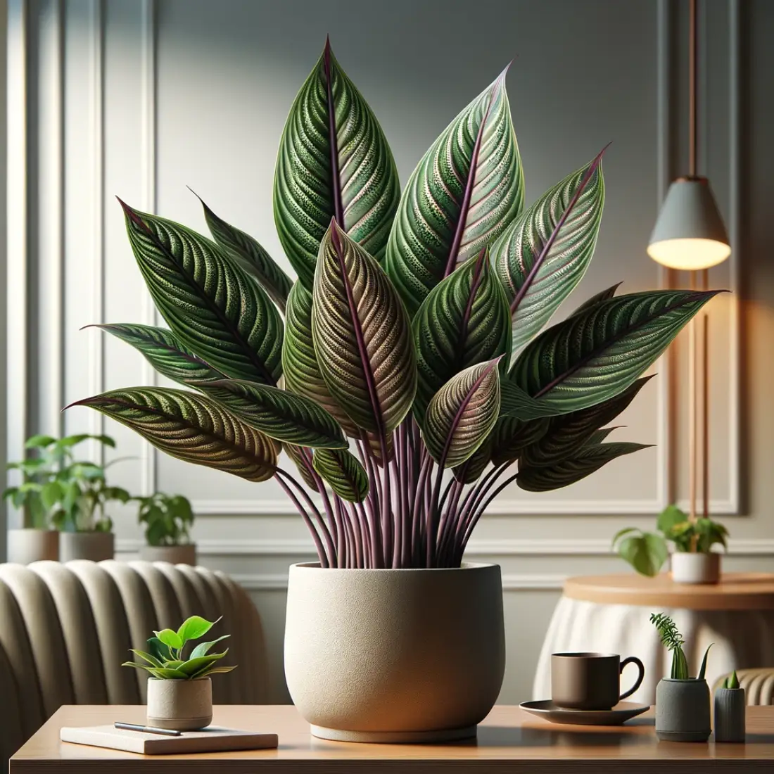 Calathea Makoyana in a pot with vibrant green and purple leaves, placed on a table in a stylish indoor environment.