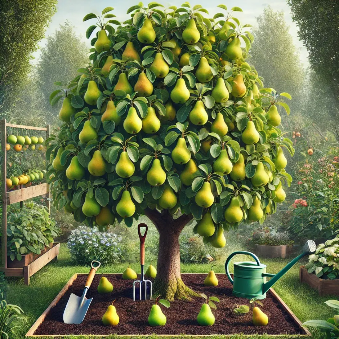 Pear tree in an organic garden with ripe pears, rich soil, compost, surrounding plants, and gardening tools under a clear sky.