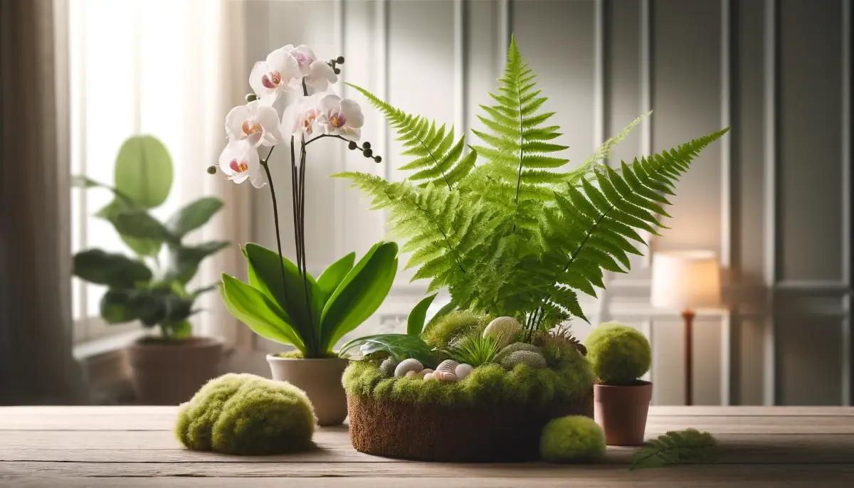 A serene indoor setting with a Boston fern, maidenhair fern, and Phalaenopsis orchid thriving in peat moss, highlighting simplified beauty in gardening