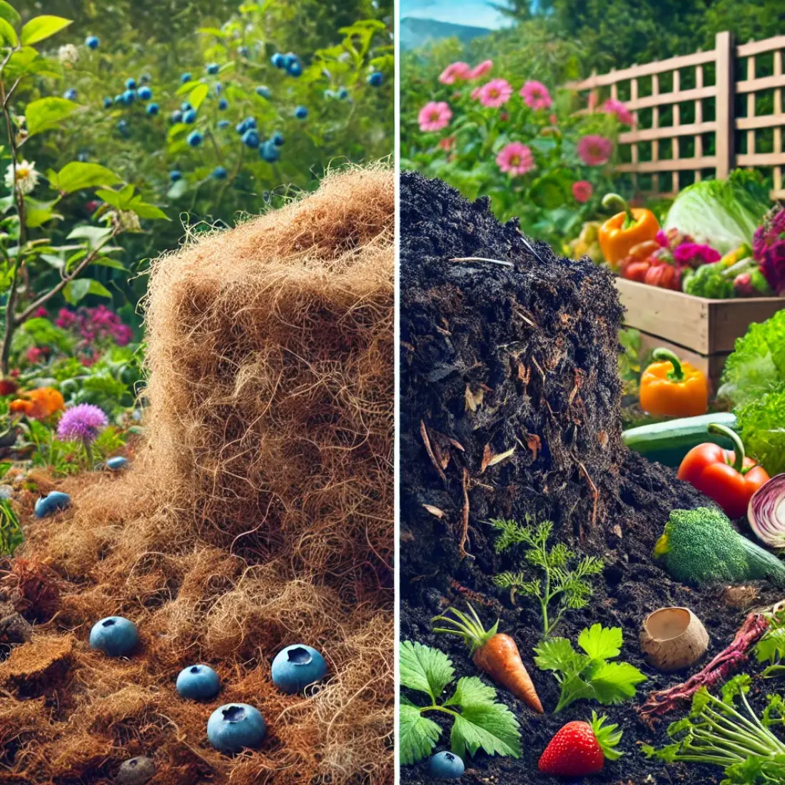 A split image visually comparing peat moss and compost. The left side showcases peat moss as a soft, fibrous brown material in a garden bed with small acid-loving plants like blueberries. The background features a natural peat bog. The right side displays compost as a rich, dark, crumbly soil with decomposed organic matter like leaves and food scraps, surrounded by thriving vegetables and colorful flowers. The background transitions to a lush, vibrant garden. This side-by-side comparison highlights the unique properties and uses of peat moss and compost.