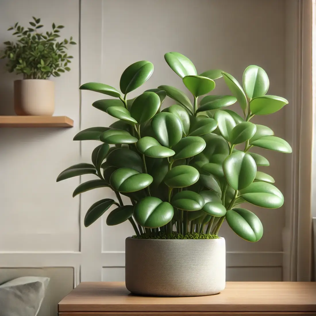 Peperomia obtusifolia in a modern planter on a wooden shelf, with glossy green leaves lit by soft natural light in a minimalist room.