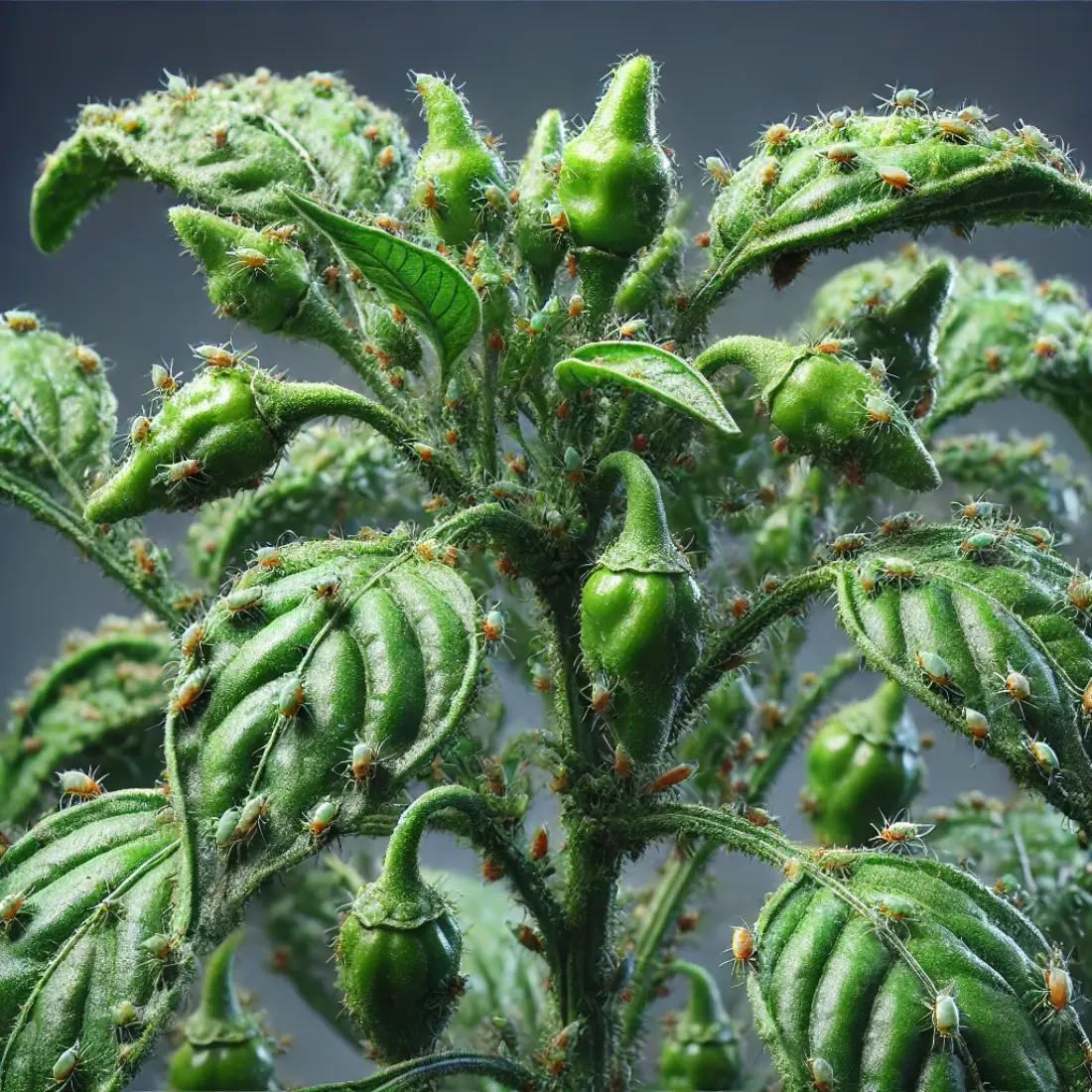 Close-up of a pepper plant with clusters of green aphids on the leaves, causing curling, yellowing, and wilting.