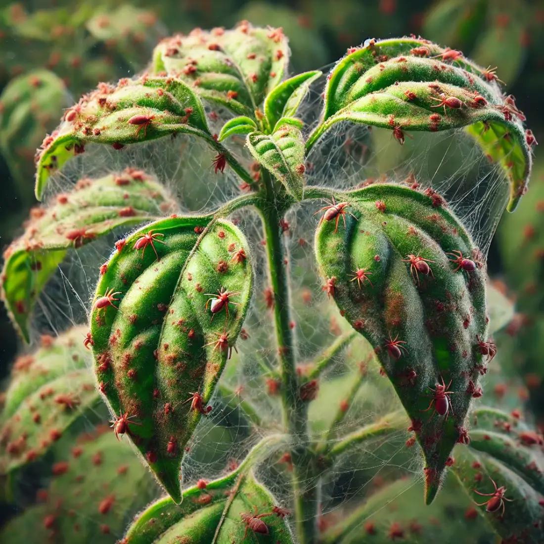 Close-up of a pepper plant with reddish spider mites creating fine webs on leaves and stems, causing yellowing, speckling, and curling.