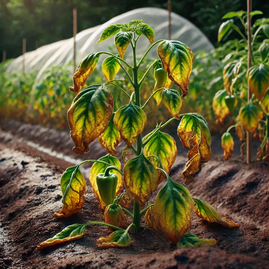 A pepper plant with yellowing, wilting lower leaves and stunted growth in a garden. The soil is rich with organic matter, and a plastic sheet in the background shows soil solarization.