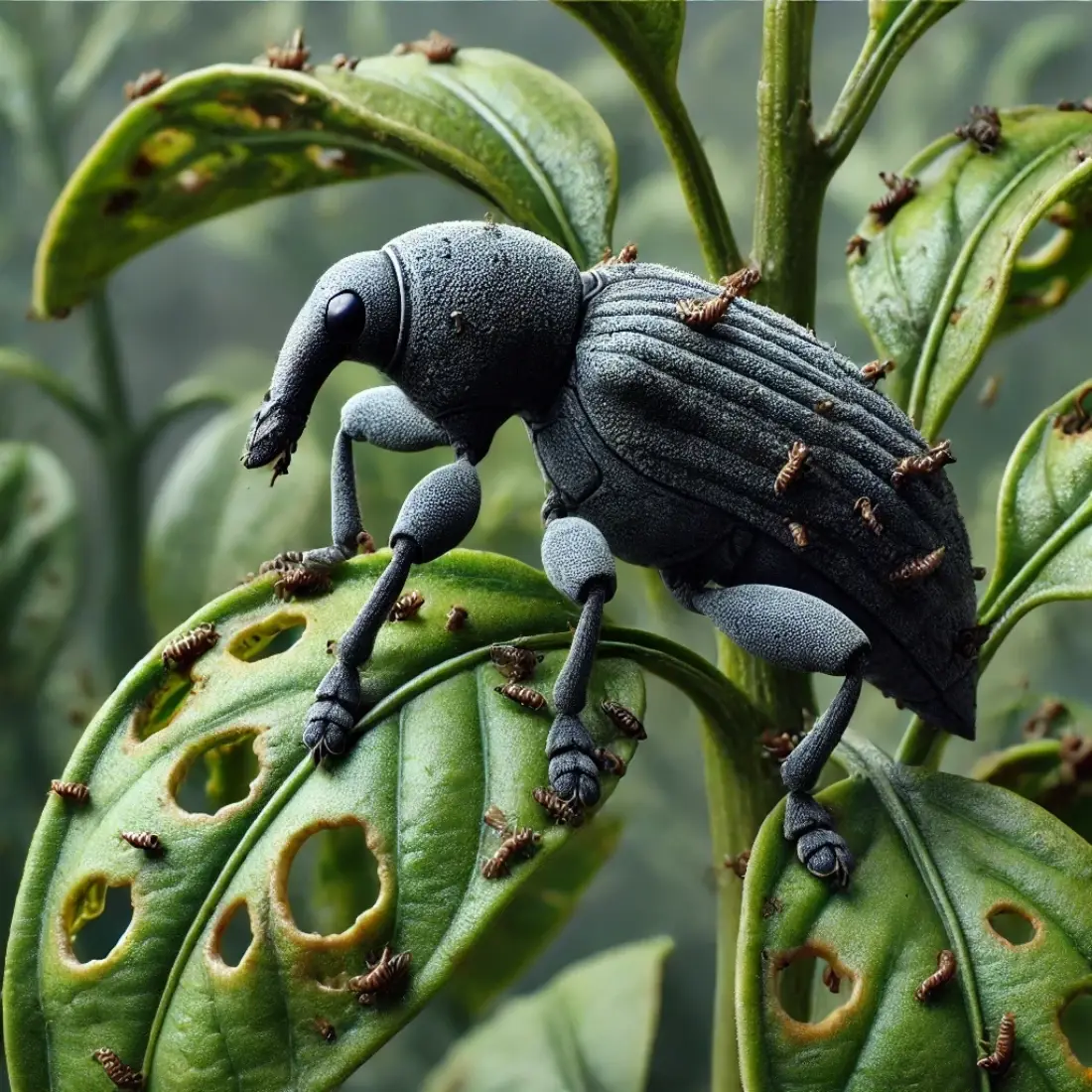 Close-up of a pepper plant with small blackish pepper weevils, causing holes and yellowing on the leaves.