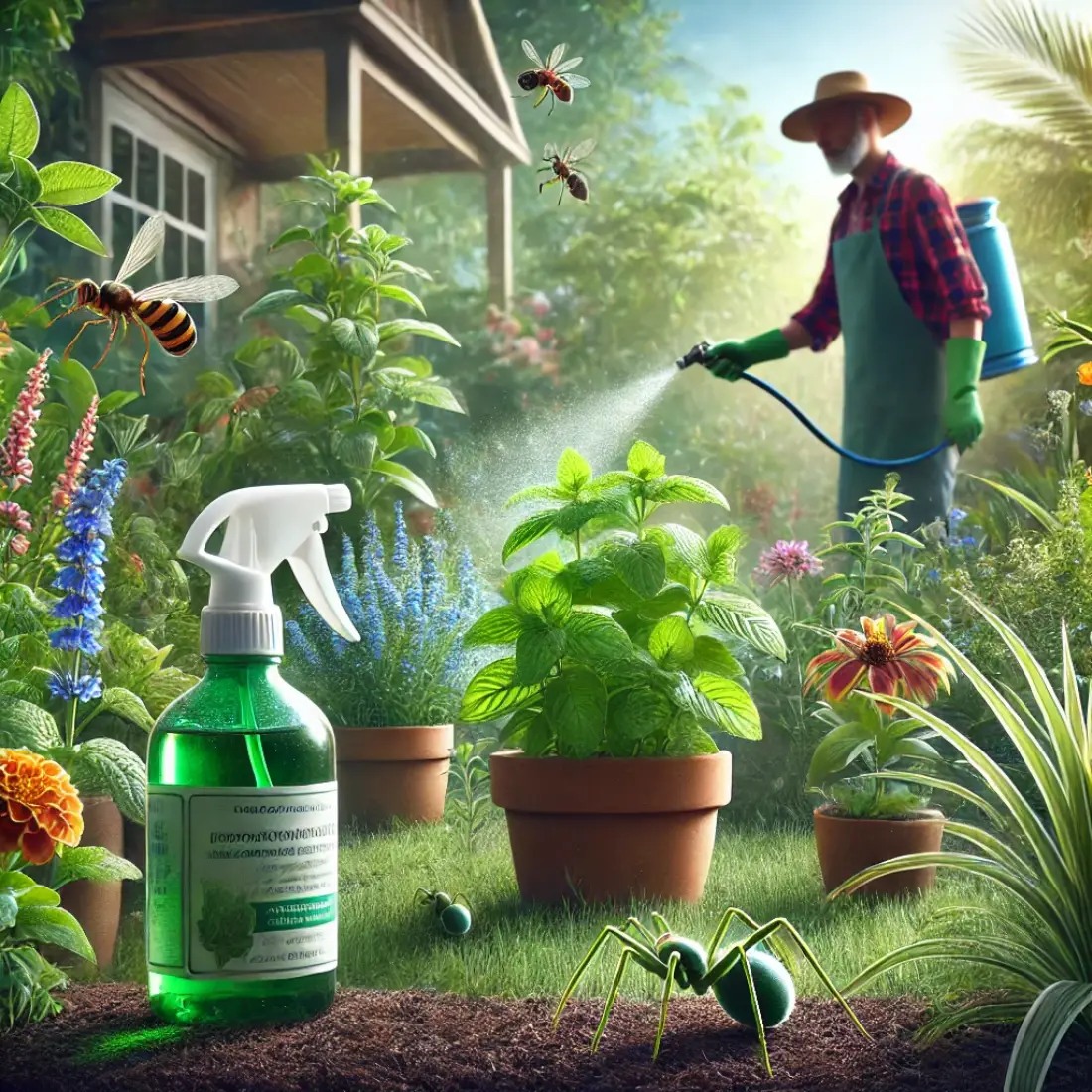 Gardener using peppermint oil spray on plants in a lush garden, repelling pests like ants and aphids.