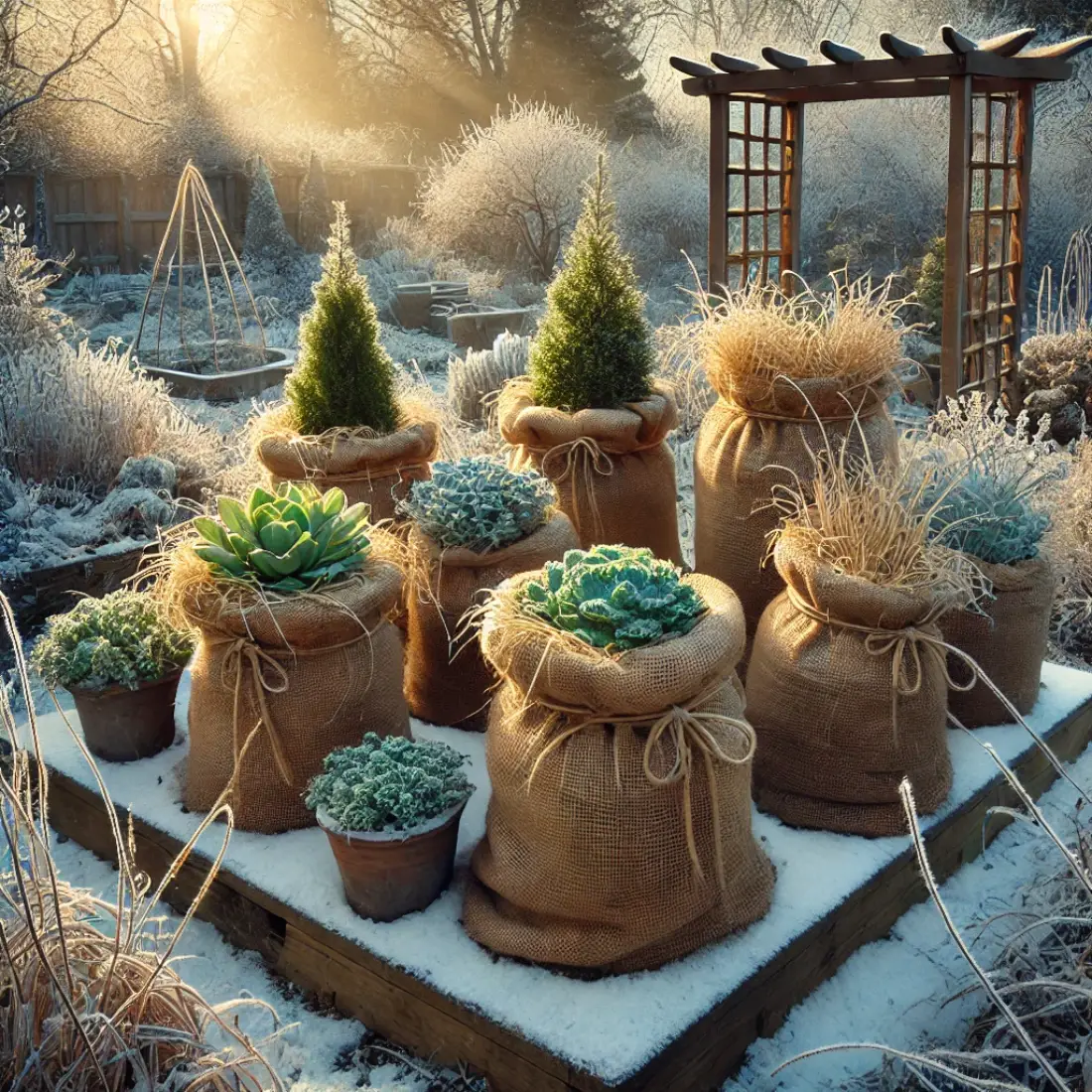 Winter garden with tender perennials wrapped in burlap and straw, gently protected from frost, under soft light with snow patches.
