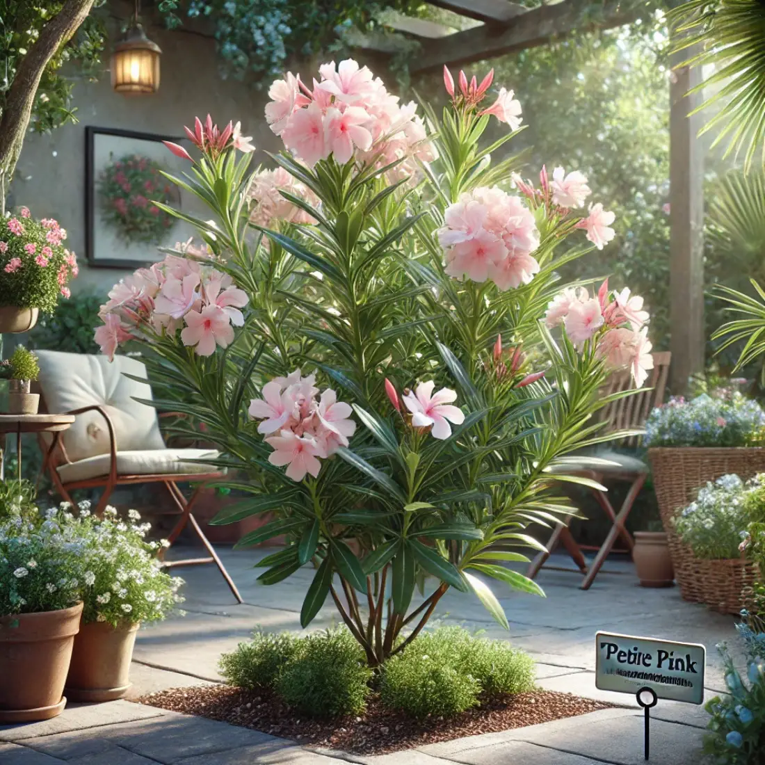 Petite Pink Oleander shrub with soft pink flowers in full bloom, compact green foliage, container pots, and a cozy patio area.