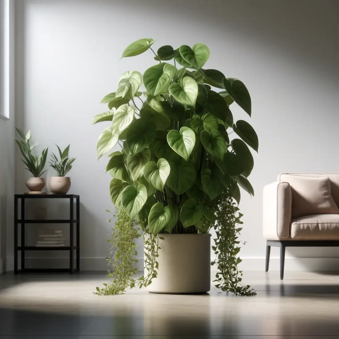 Philodendron Hederaceum with lush, heart-shaped leaves in a ceramic pot on a sleek floor, in a well-lit room with minimalistic decor.