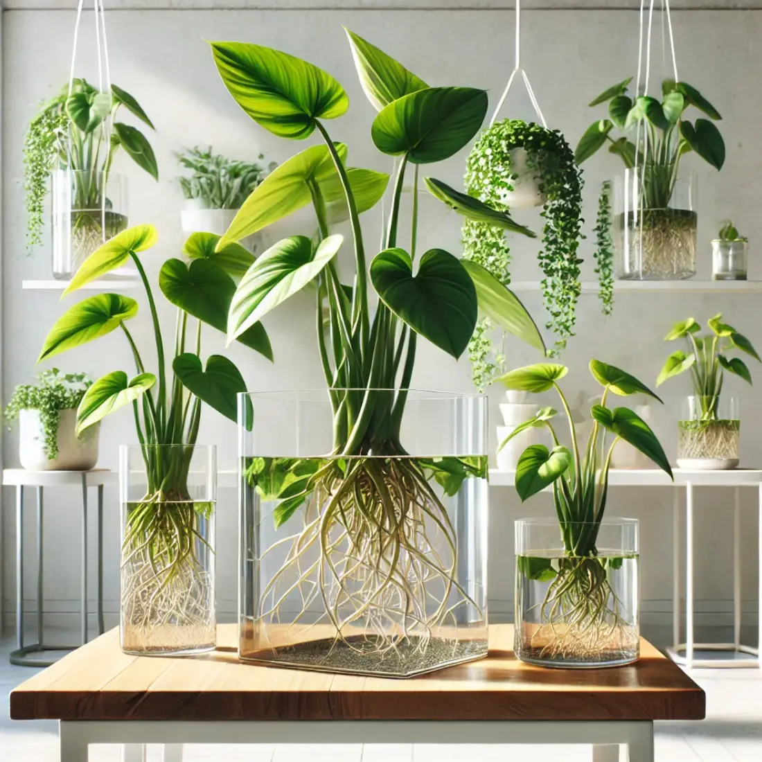 Modern indoor setting with water-grown philodendron plants in clear glass containers on a sleek wooden shelf, ideal for bright, indirect light.