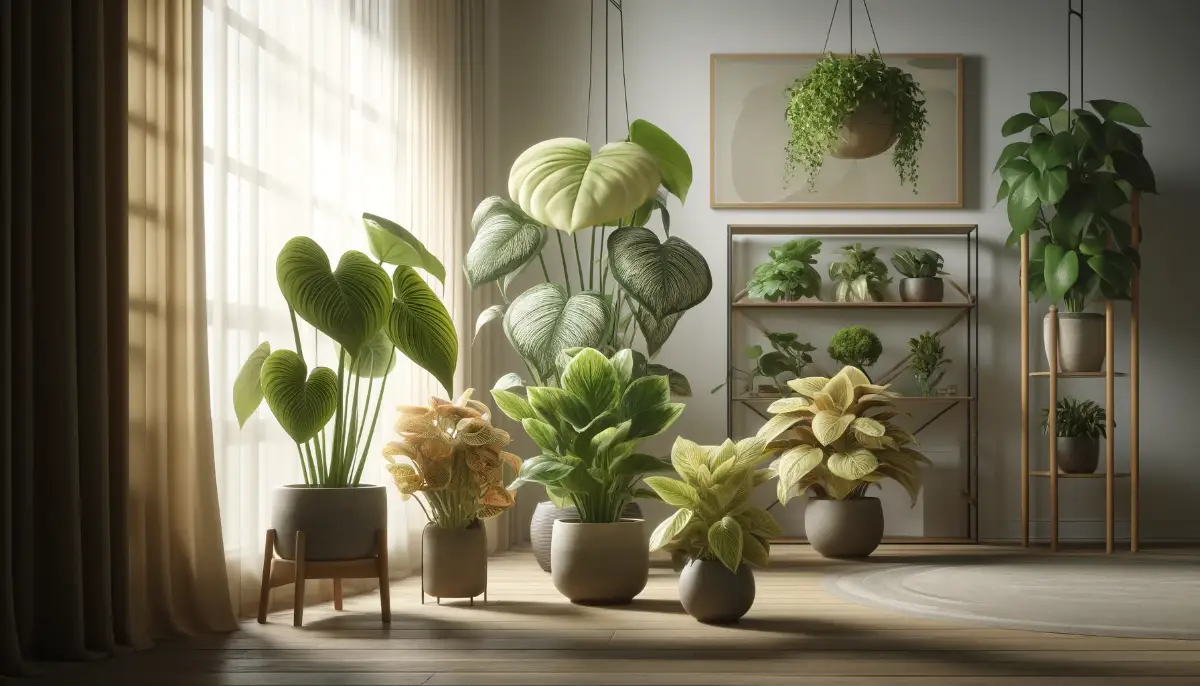 Various philodendron plants, including 'Brasil' and Ring of Fire, in elegant pots inside a softly lit modern room with subtle decor