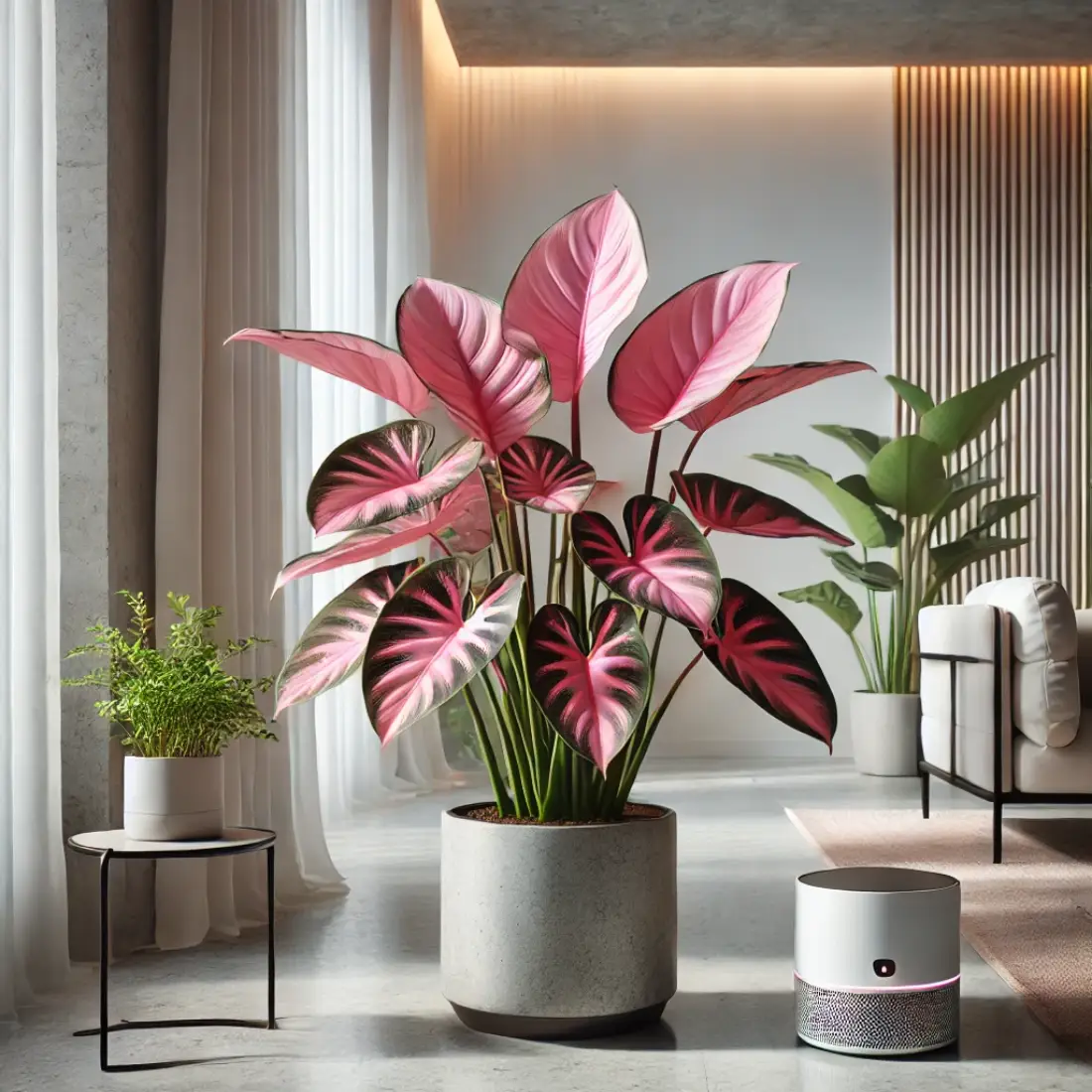 Indoor scene featuring a Pink Princess Philodendron with dark green leaves and pink variegation in a stylish pot, set in a bright, contemporary room.