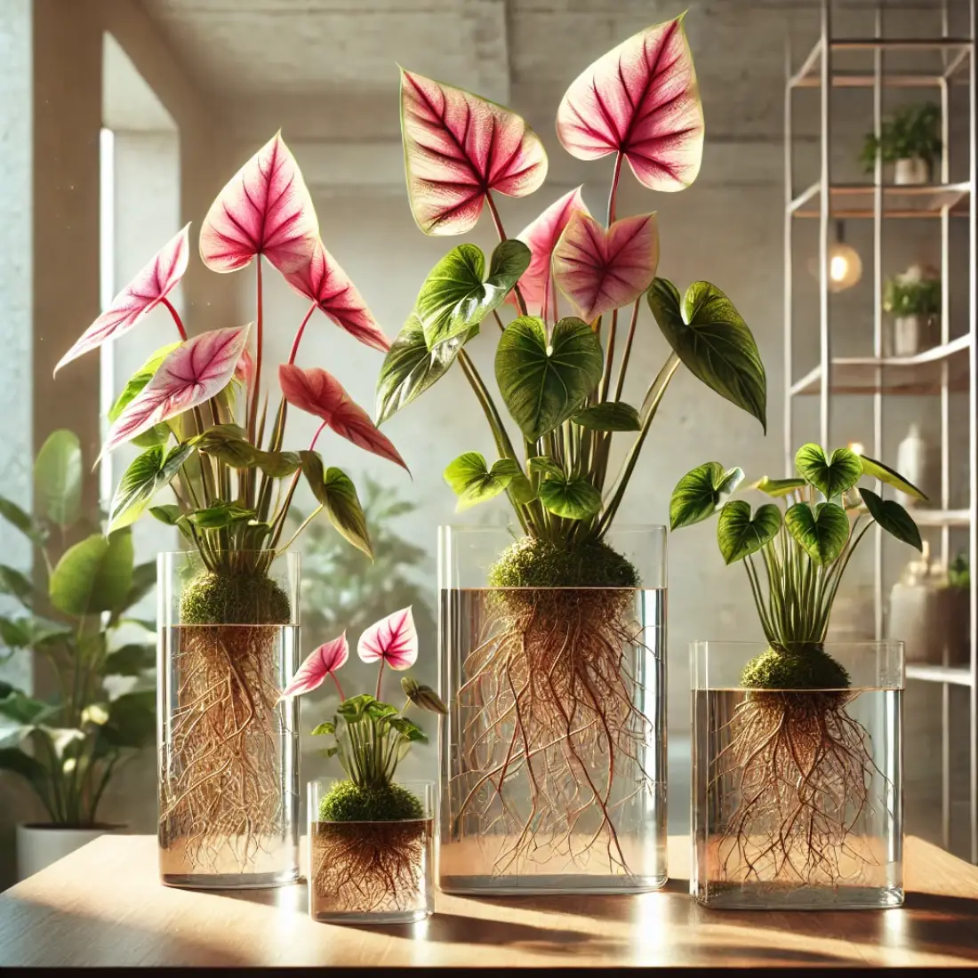 Modern indoor setting featuring water-grown pink Syngonium in clear glass containers on a wooden shelf, thriving in indirect sunlight and warm, humid conditions.