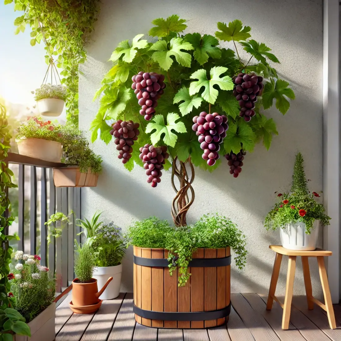 A lush Pinot Noir grapevine in a large container on a small balcony, surrounded by other potted plants and flowers. The grapevine has green leaves and clusters of classic wine grapes, ideal for home winemaking.