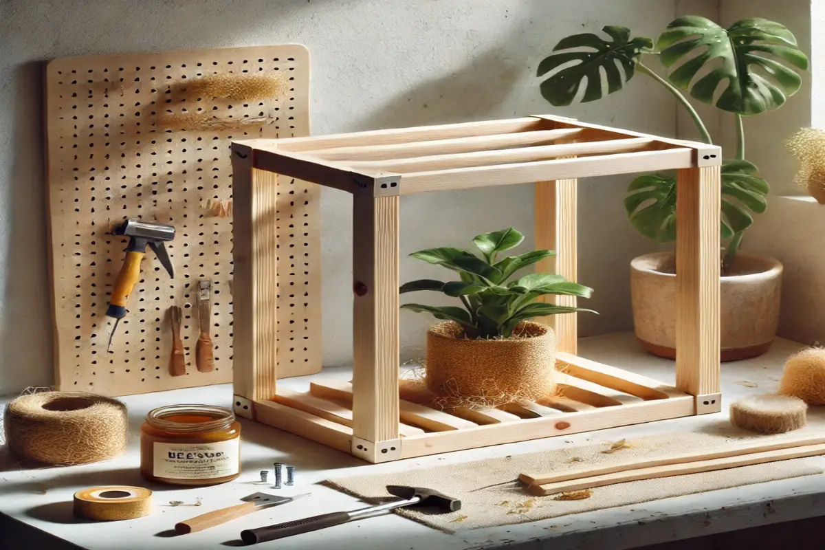 A simple DIY plant cabinet under construction, featuring a basic wooden frame with two wooden shelves being lined with coconut coir for water protection. Tools like a hammer and saw are on a nearby table, and a jar of beeswax with a brush is ready for finishing. The workspace is minimal and naturally lit, emphasizing a straightforward and eco-friendly project.