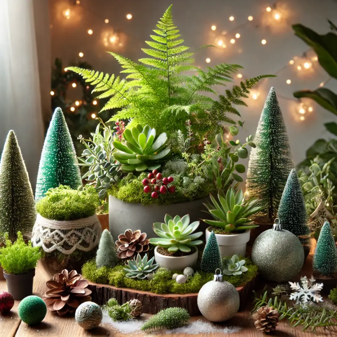 Christmas terrarium plants including ferns, mini pines, and succulents, with holiday decorations like pine cones and faux snow on a cozy table.