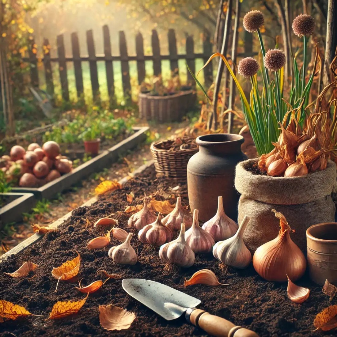 Garlic bulbs and onion sets on dark soil, surrounded by gardening tools and autumn leaves in a peaceful fall garden.