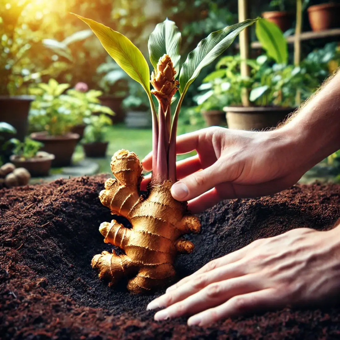 Close-up of hands planting a ginger root with visible buds into a shallow hole in rich, dark soil in a sunny garden.