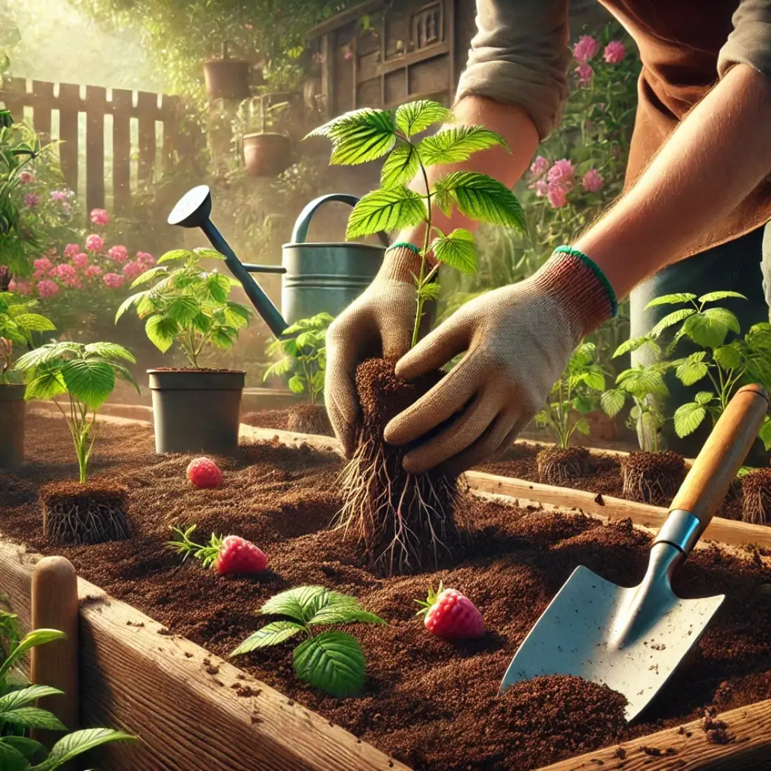 Close-up of gardener's hands planting raspberry plants without fruit in rich soil, with tools, mulch, a wooden fence, and garden decorations under a sunny sky.