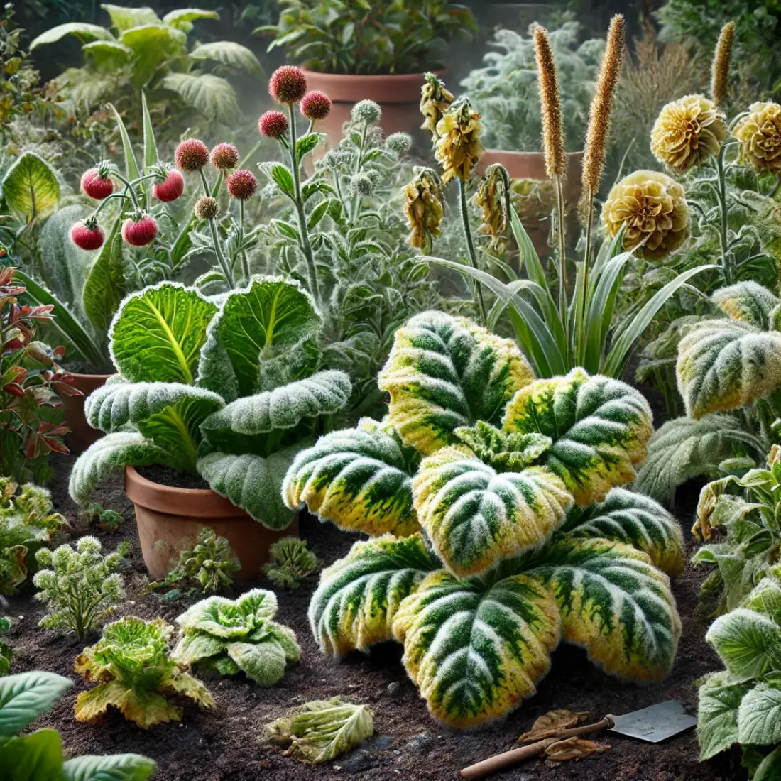 A garden with various plants showing signs of downy mildew, including yellowing leaves and fuzzy mold on undersides, contrasted with healthy plants.