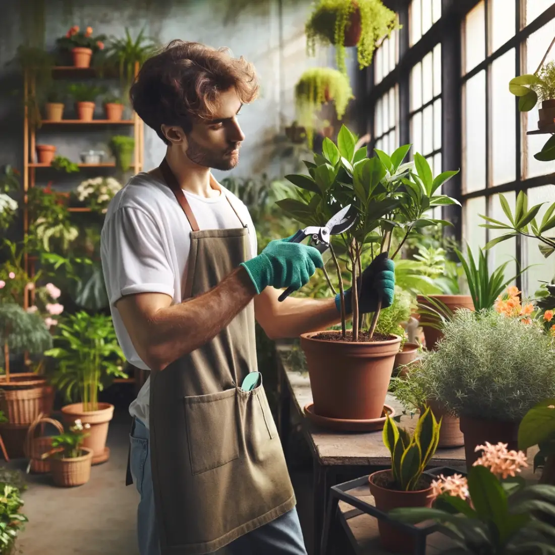 An indoor gardener in casual attire prunes a potted houseplant in a cozy indoor garden with various thriving potted plants and natural light streaming through large windows.