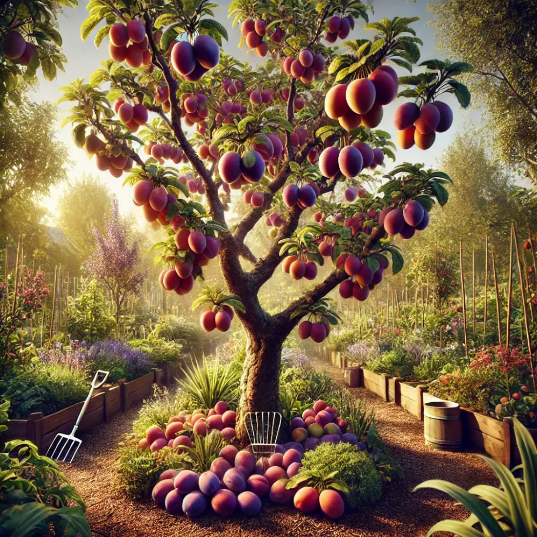 Plum tree with ripe, vibrant plums in a lush organic garden, surrounded by natural mulch, garden tools, and sunlight filtering through branches.