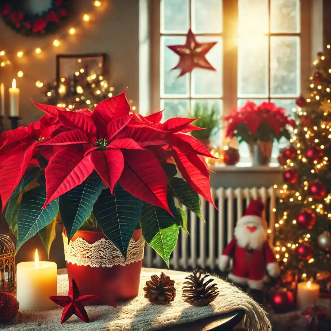 Vibrant red poinsettia in a cozy, holiday-decorated room with twinkling lights, pinecones, and warm candlelight on a festive table.