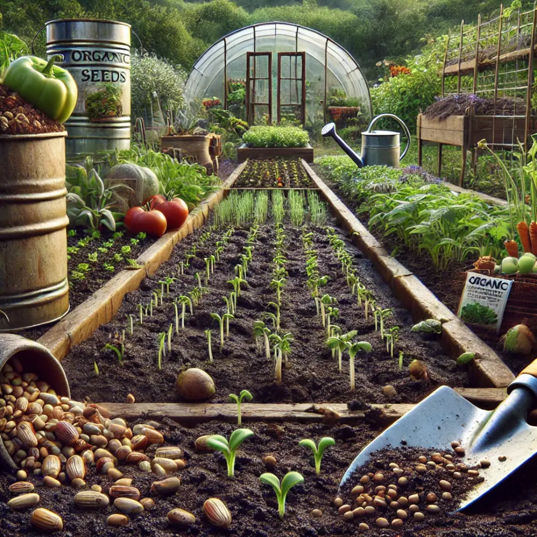 Hyper-realistic close-up of a garden bed with uneven sprouts, organic seed packets, and gardening tools, set against a thriving organic farm with crops, a compost pile, a rain barrel, and a greenhouse.