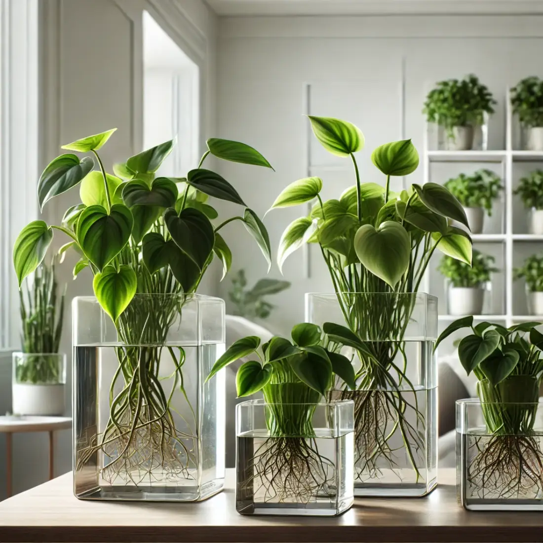 Modern indoor setting with water-grown pothos plants in glass containers on a wooden shelf, ideal for low-light environments.