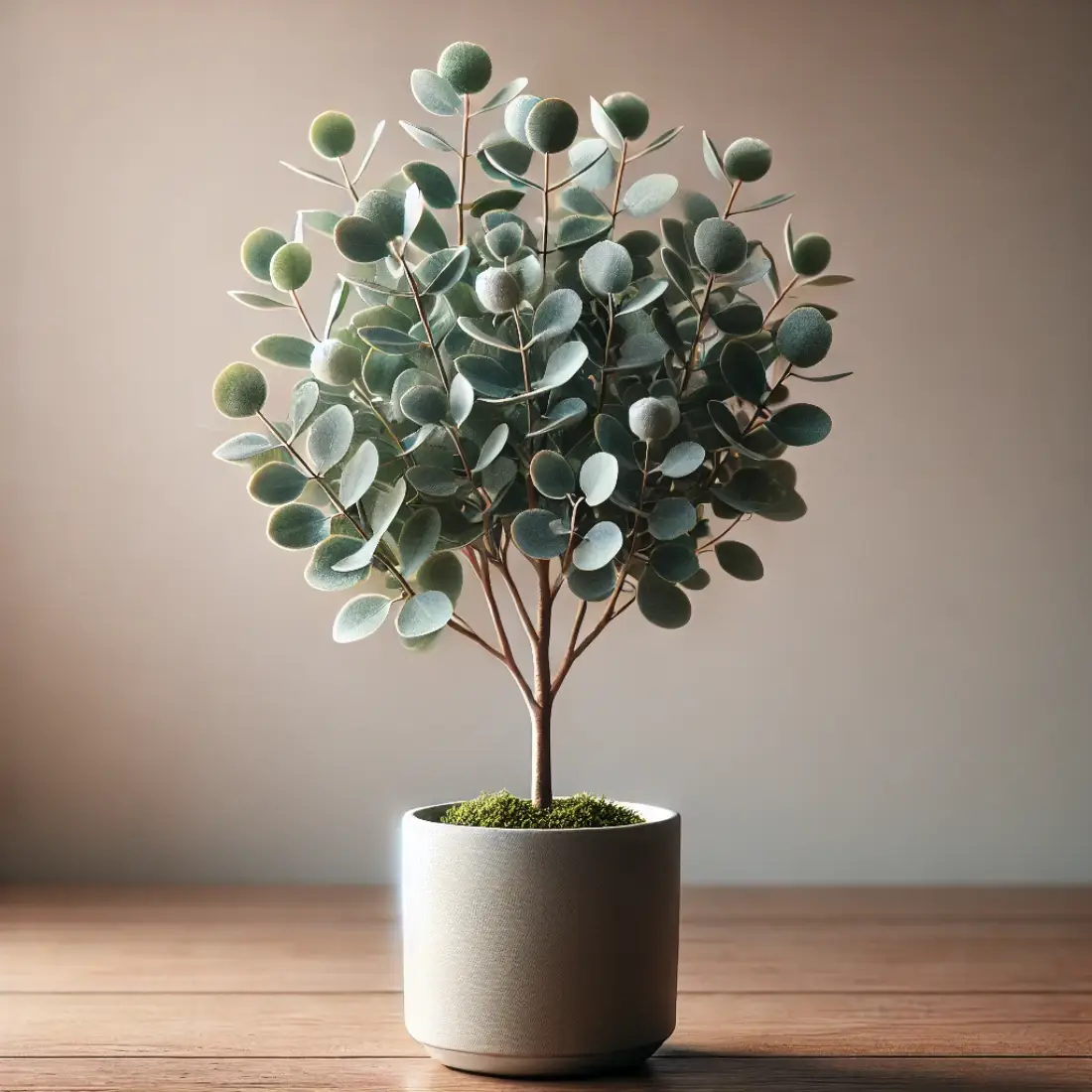 Realistic image of a small eucalyptus gum tree in a simple, modern pot with grey-green leaves and smooth bark, set in a softly lit home environment.