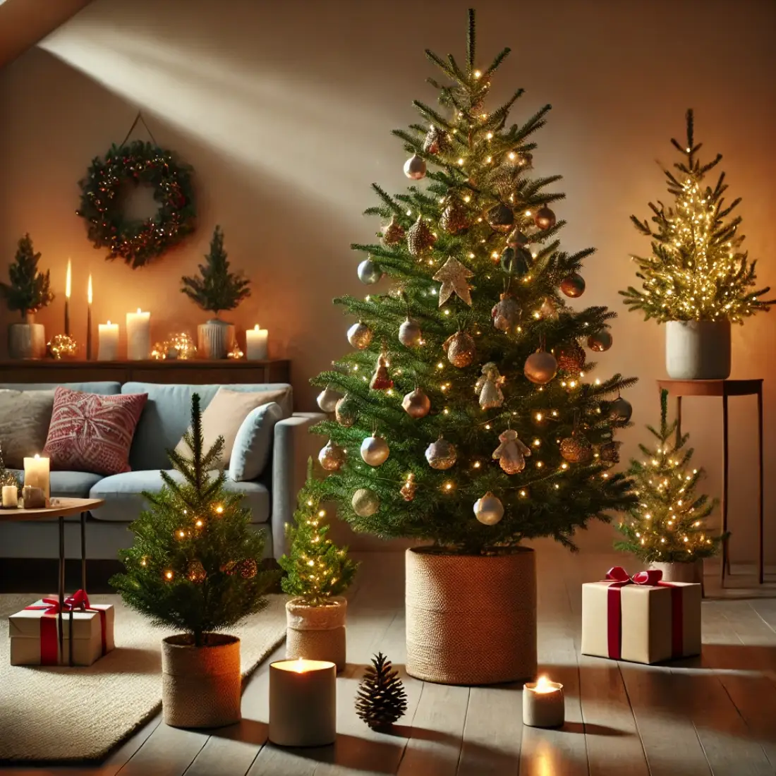 Cozy indoor scene with a Norfolk Pine and Dwarf Alberta Spruce, decorated with ornaments and lights, surrounded by gifts and candles.