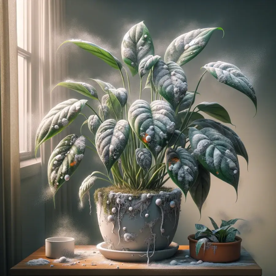 Detailed image of a houseplant with powdery mildew, showcasing the white to grayish coating on leaves and stems for easy identification.