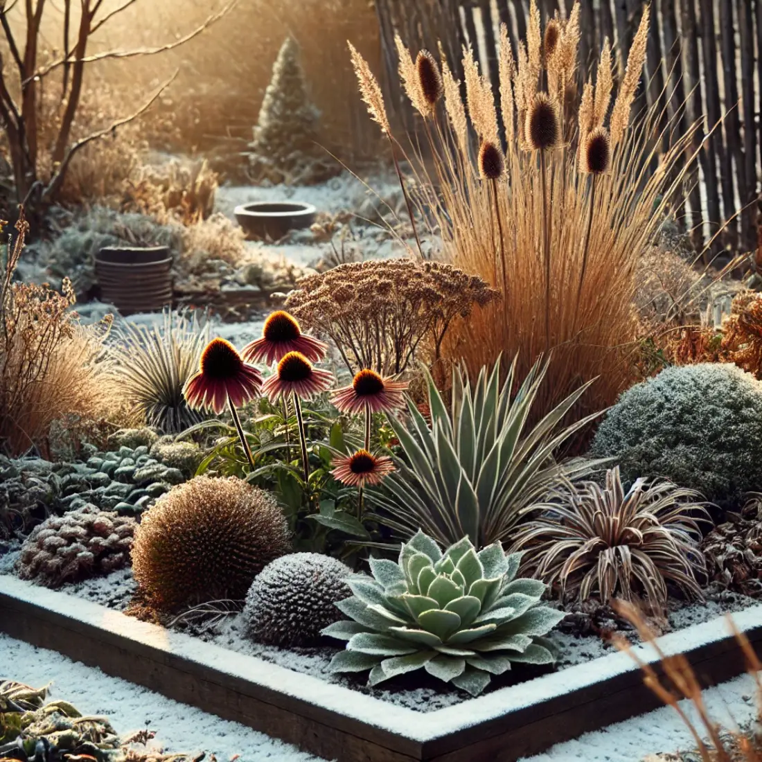 Perennial garden bed in winter with snow-dusted mulch, hardy plants, and rustic fencing in warm light.