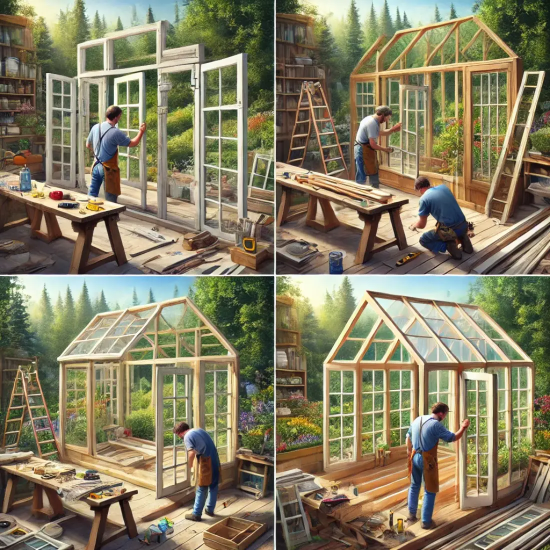 This highly detailed image captures the essence of the project, from cleaning and measuring windows to assembling the frame and installing the roof, all set in a picturesque outdoor workshop surrounded by nature.