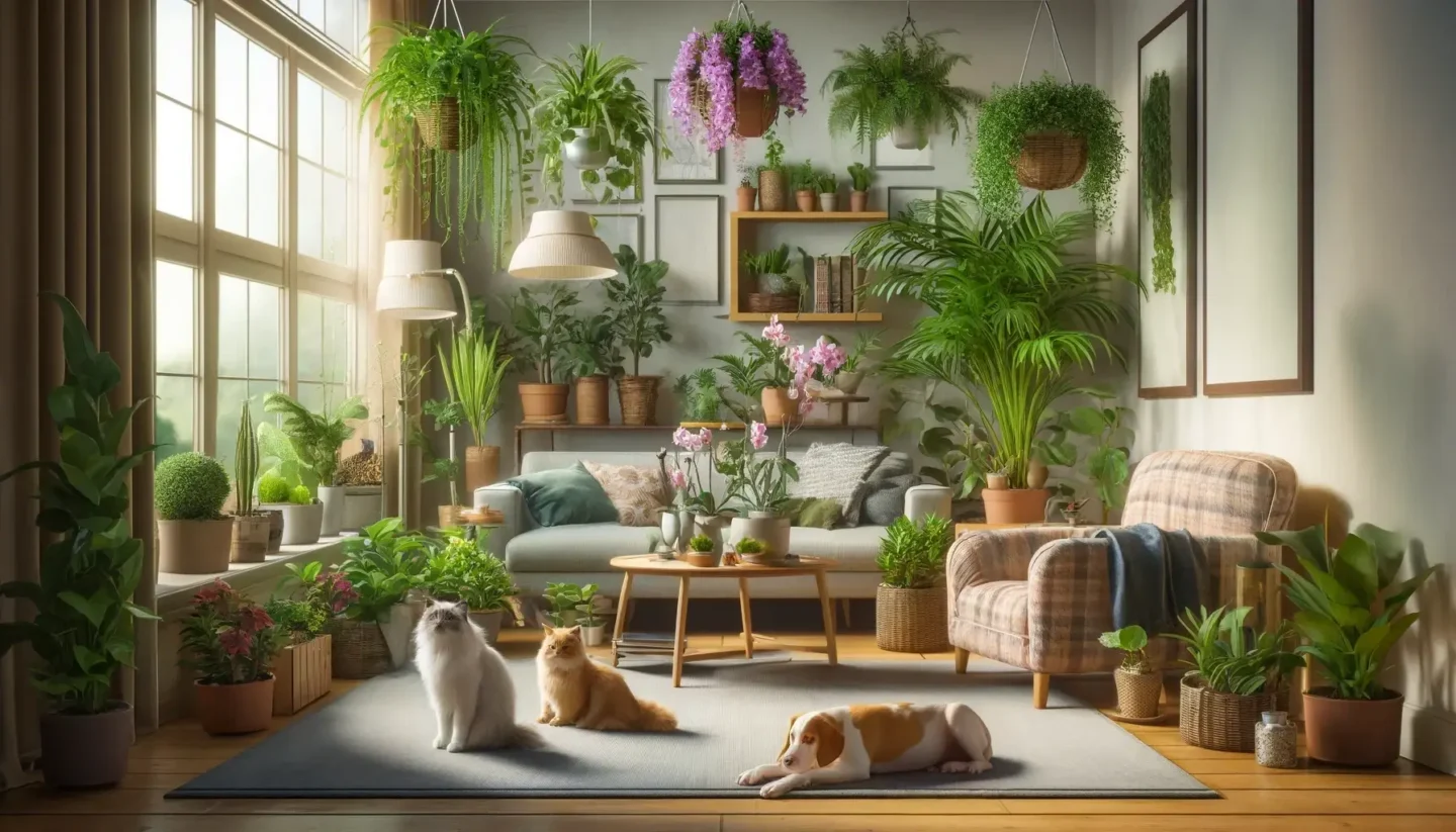 A stylish living room with a variety of pet-safe houseplants and multiple pets, including cats lounging and a dog playing, in a warm, inviting setting