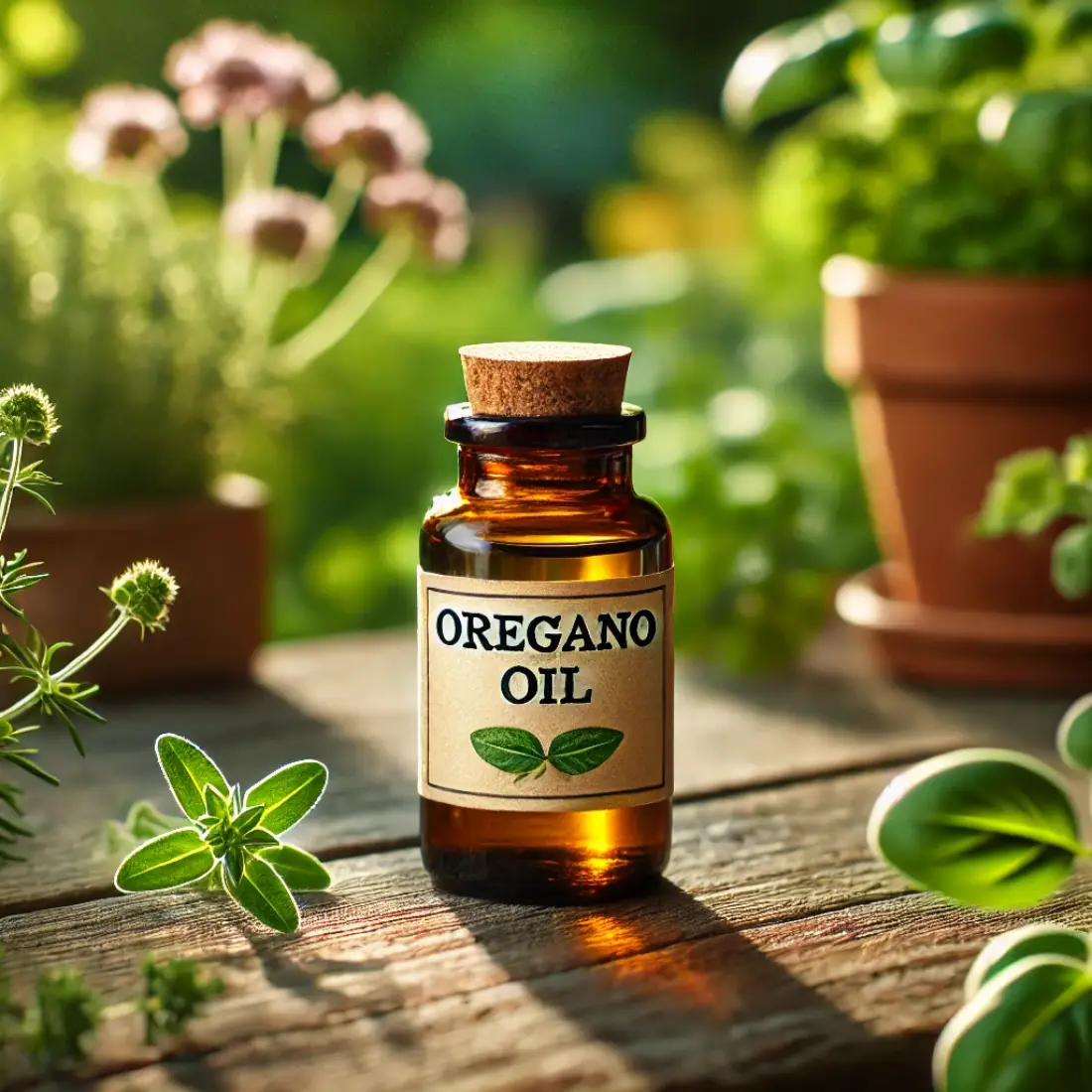 Small amber bottle labeled "Oregano oIl" on a wooden table in a sunlit garden, surrounded by green plants and herbs.